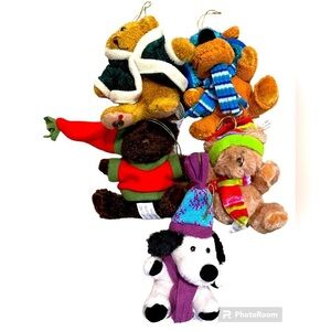 Set of 5 soft plush stuffed Christmas ornaments 3 bears and 2 dogs non breakable